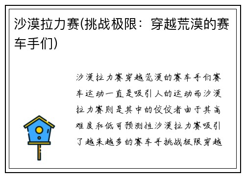 沙漠拉力赛(挑战极限：穿越荒漠的赛车手们)